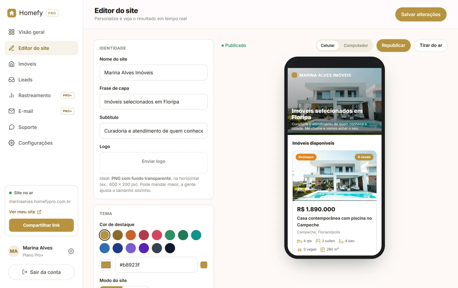 Editor do site com prévia ao vivo no celular