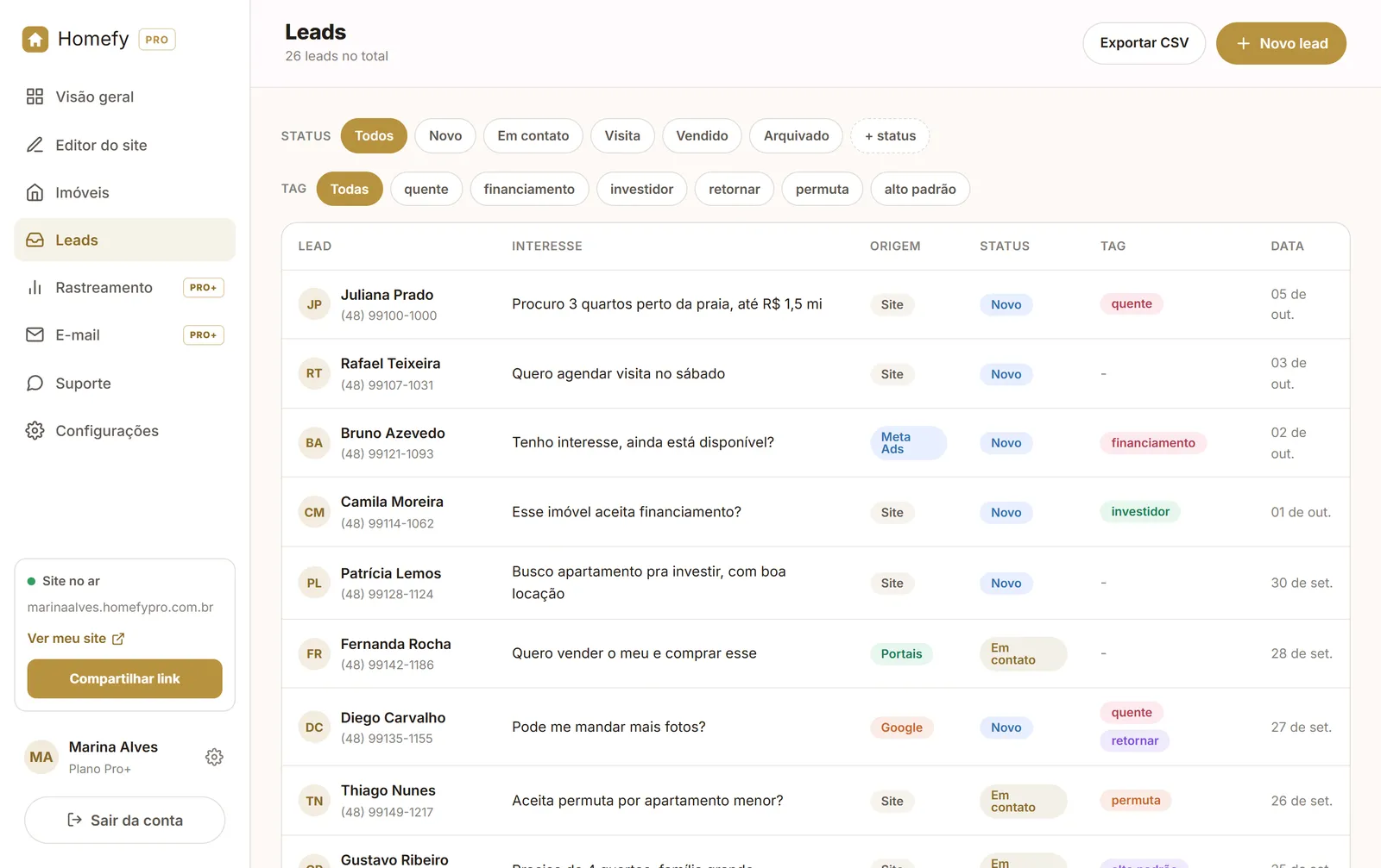 Painel de leads do Homefy Pro com funil e tags