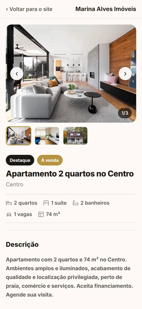 Página de um imóvel com fotos, preço e botão de contato